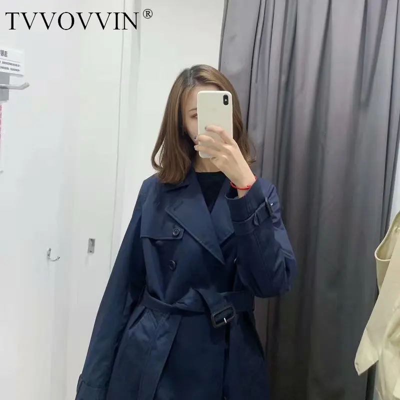 TVVOVVIN Autumn Three-colour Classic Autumn Long Fund Solid Color Match Belt Windbreaker Both Row Buckle Loose Coat Woman ZX128