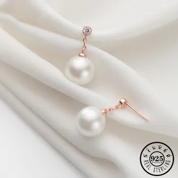 

925 Sterling Silver Round Shell Pearl Earings Rose Gold Color Hanging Dangle Drop CZ Earrings Fine Jewelry for Women