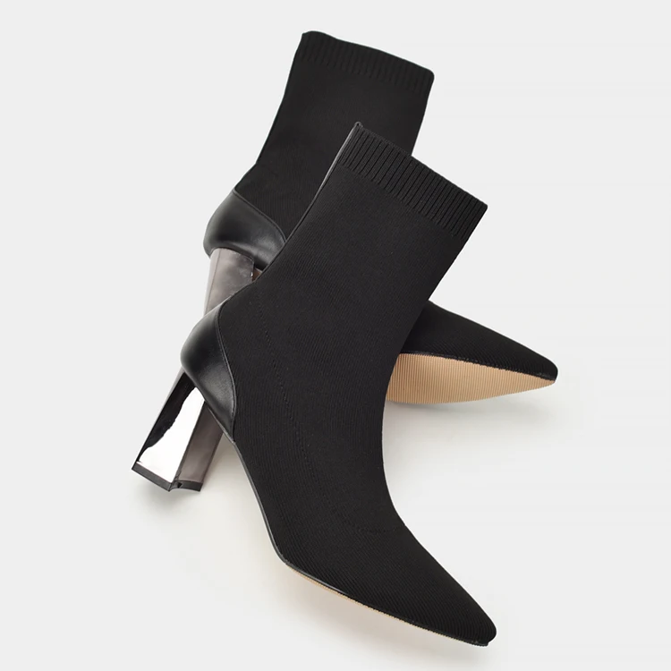 Вязаные эластичные носки; сапоги с острым носком на тонком каблуке 7 см; женские ботинки черного цвета на толстом каблуке