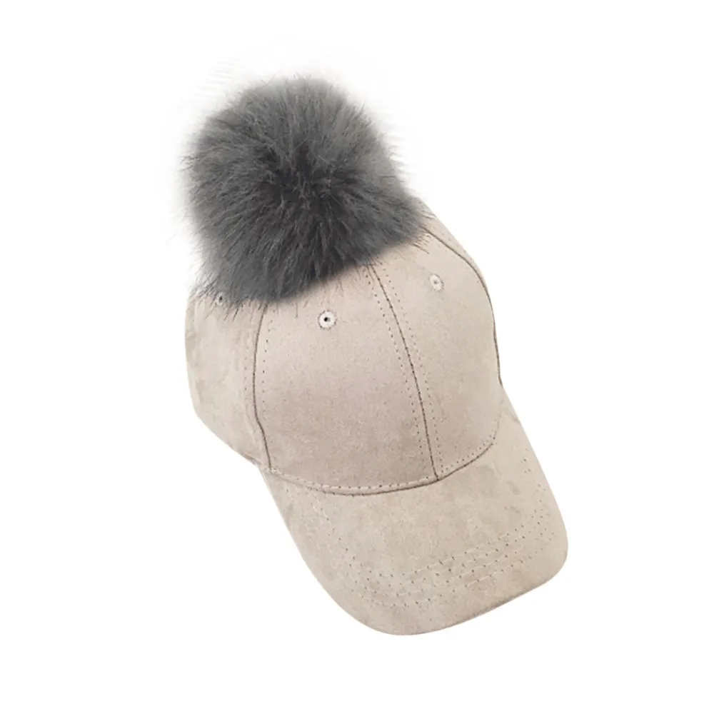 Gray Fashion WomenBig hair ball suede baseball cap female curved capWinter Hats M0802 - Цвет: Gray