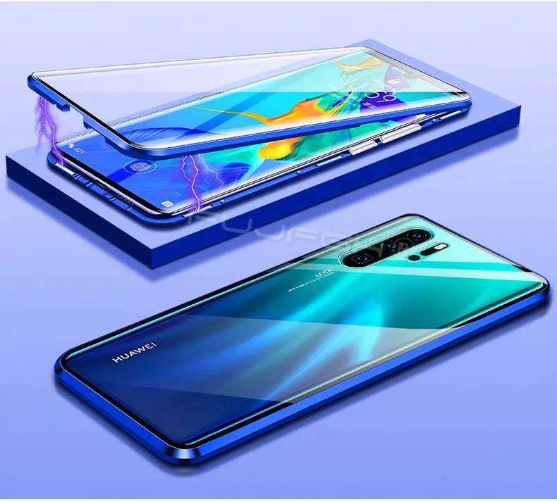 Blue 360 металлический магнитный чехол для телефона для huawei P20 P30 Коврики 30 20 10 Pro Honor 20 20i 8X 9X Nova 5 4 двойная сторона закаленное Стекло крышка - Цвет: Blue