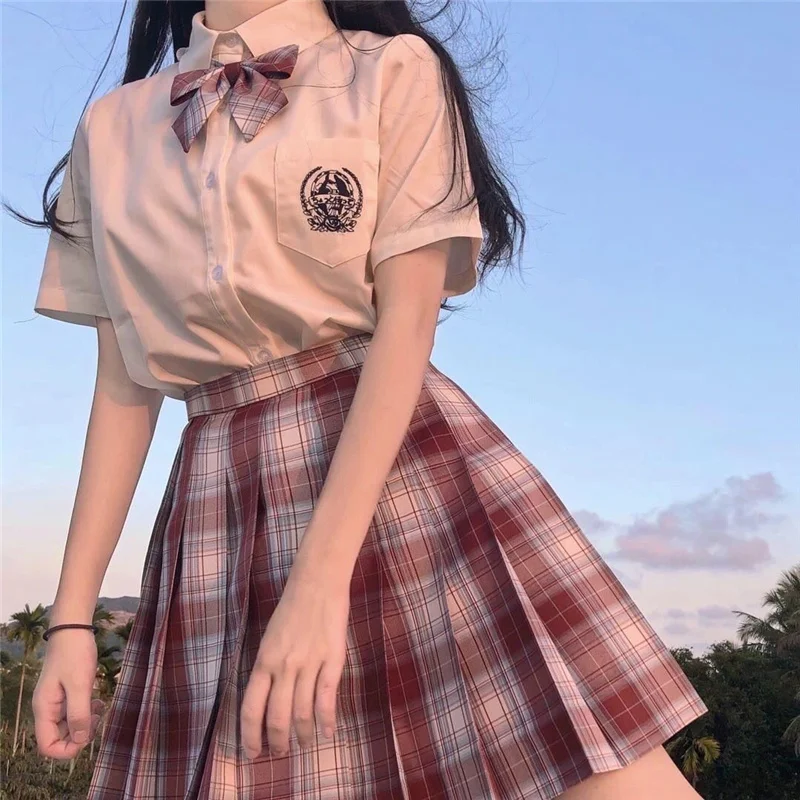 monsoon dresses School Girl Uniform Pleated Skirts Japanese School Uniform High Waist A-Line Plaid Skirt Sexy JK Uniforms for Woman Full set sun dresses