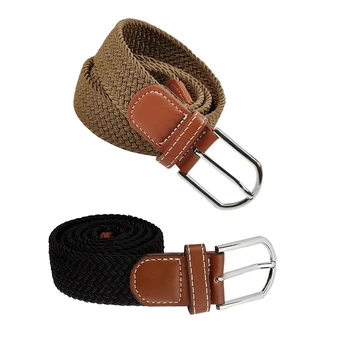 

2 Pcs Belt Waistband Men Leather Braided Elastic Stretch Metal Buckle Belt Waistband, Black & Dark Khaki