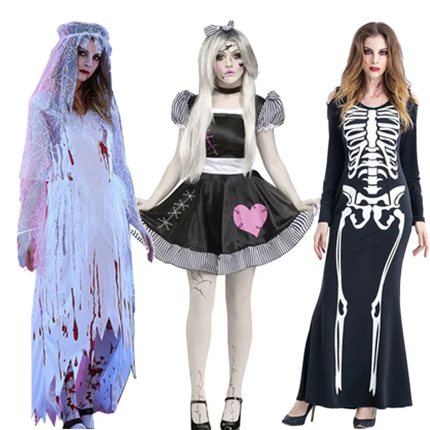 11 цветов женский винтажный Готический Скелет косплей костюмы Хэллоуин страшное длинное платье зомби свадебное Лолита халат медсестры комбинезон