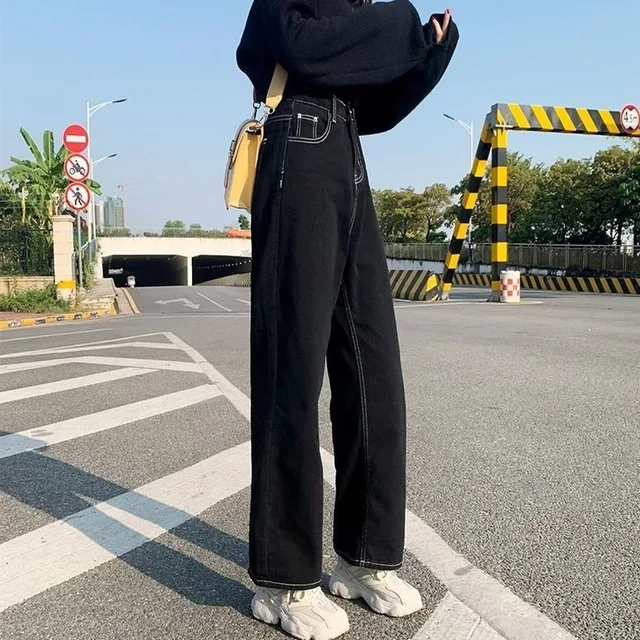 Jeans Women All-match Korean Style Mopping Trousers Denim Vintage Black Solid High Waist Autumn Baggy Chic Ulzzang Street Casual 3