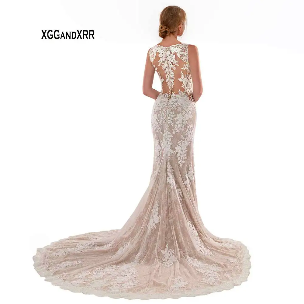 Элегантное Длинное Свадебное платье русалки с v-образным вырезом романтическое кружевное многослойное платье цвета шампанского платья для невесты, аппликация, иллюзия на спине, свадебное платье