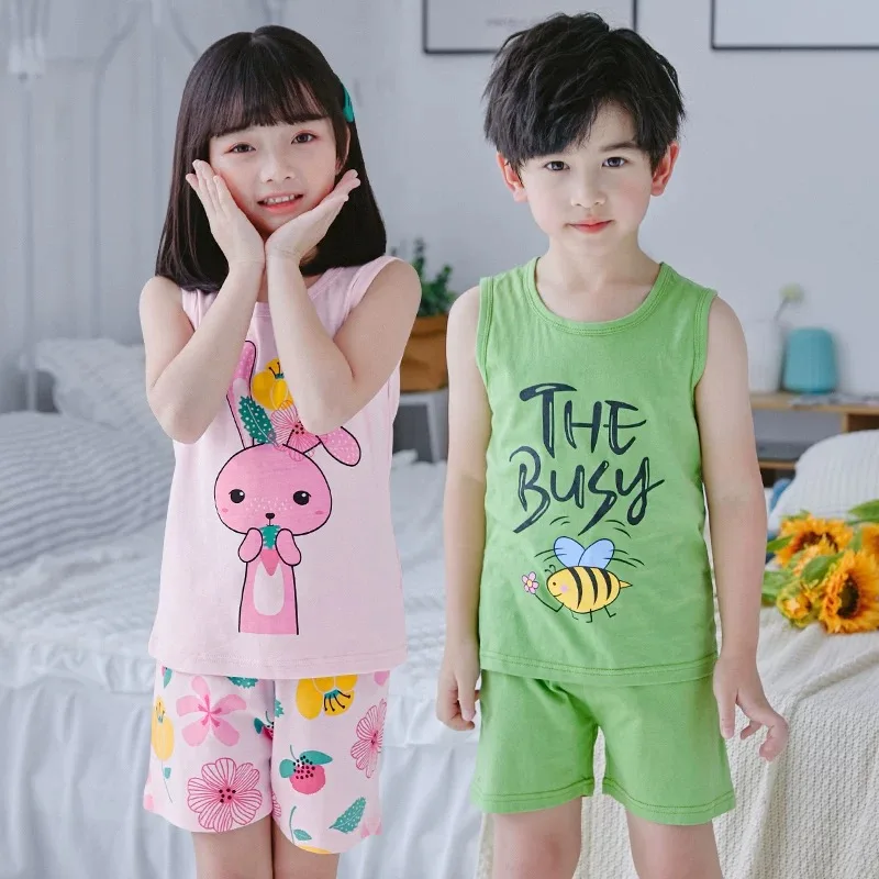 Summer Children's Pyjamas Sleeveless Girls Sleepwear Vest shorts Suit Kids Cartoon Pajamas Clothing-Sets Baby Boy - Цена: 219,52 - 535,48 руб.