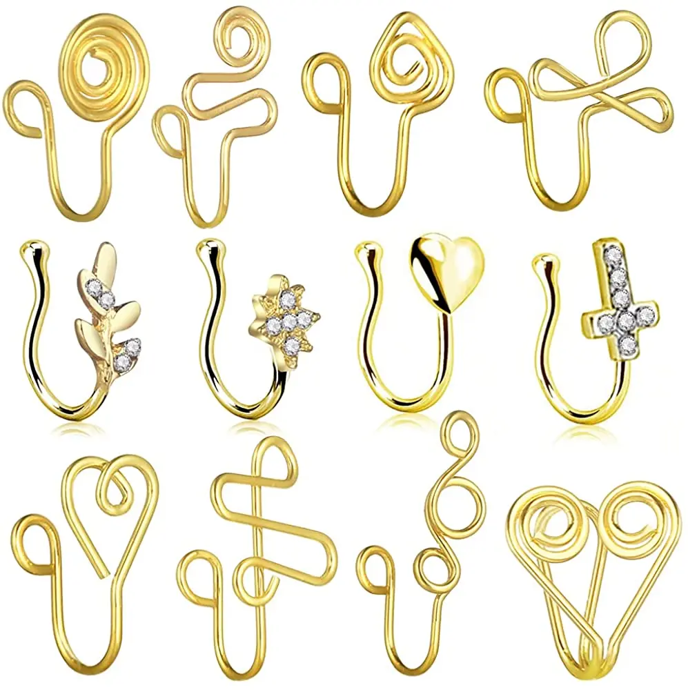 

12 Pcs African Nose Cuff Non Piercing Fake Nose Ring for Women Men Girls Nose Cuff Non Piercing Jewelry Set Faux Cartilage