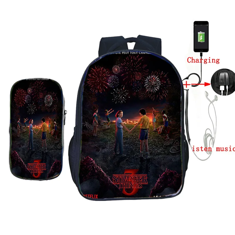 Комплект из 2 предметов, женские, мужские, USB рюкзаки с зарядным устройством, странные вещи, Сезон 3 принта, сумки для книг, для подростков, для мальчиков и девочек, рюкзак для путешествий