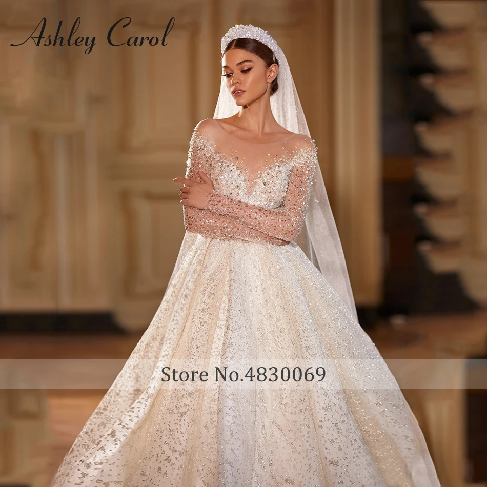 Ashley Carol Luxury Wedding Dresses For Women 2023 Bride Long Sleeve Princess Sparkling Beaded Bridal Dress Vestidos De Novia