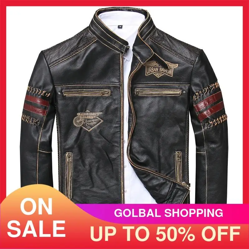 2021 в винтажном стиле Цвет Черный Мужская мотоциклетная кожаная куртка размера