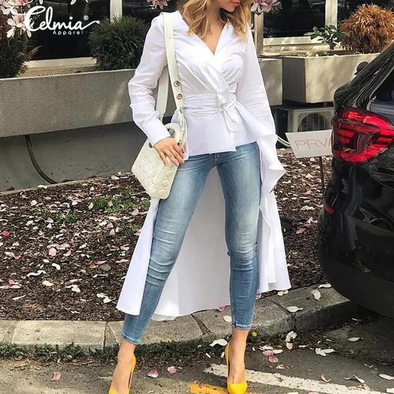  Celmia Women Elegant V-Neck Long Sleeve Blouse Soild Spring Autumn Bowknot Belted Irregular Hem Lon