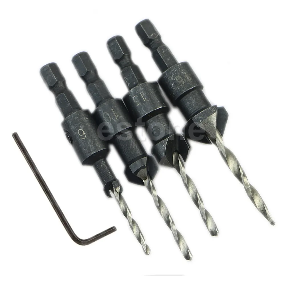 4pcs Carpentry Countersink Drill Bit Set Woodworking+ Hex Shank#6#10#13#16