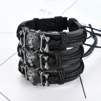 

Men's Vintage Wolf Head Leather Wrist Band Adjustable Cuff Bracelet Bangle