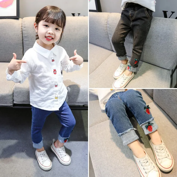 Girls' Trousers Autumn Medium-small Girls Strawberry Crimping Jeans Female Baby Autumn Clothing Korean-style Trousers