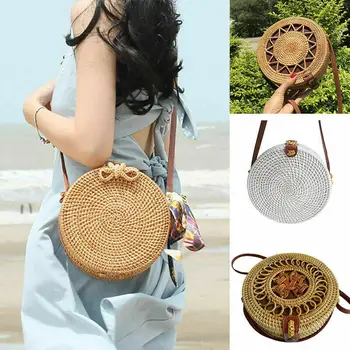 

Women Summer Round Bag Beach Rattan Shoulder Bags Wicker Weave Handbag Crossbody Summer Beach Straw Woven Rattan Basket Bag