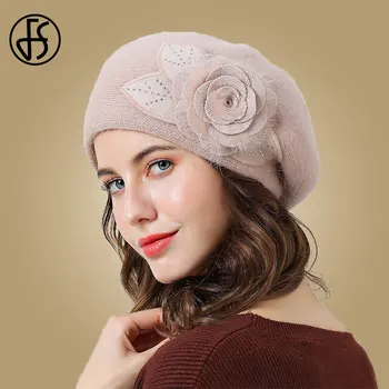 

FS 2019 Knitted Winter Hats For Women Rabbit Fur Beanies Cap Big Flower Double Layer Warm Female Caps Black Beige Beanie