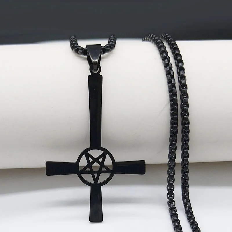 Inverted Cross Occult Pentagram Stainless Steel Chain Necklace for Women Men Black Color Satanic Gothic Satan Necklace Jewelry