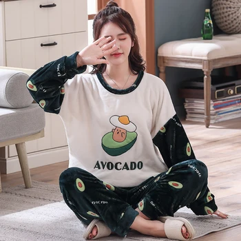 

2020 Christmas Pajamas Adult Women Warm Flannel Sleepwear Set Thick Print Coral Fleece Velvet Top Women Elastic Party Pajamas