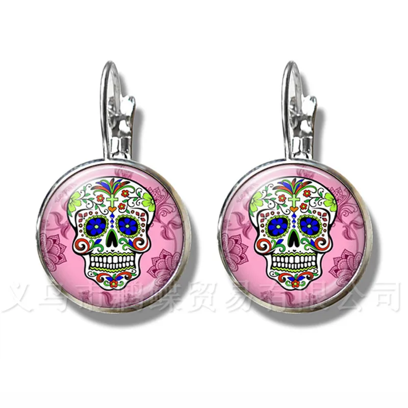 Mexico Candycolor Skeleton Earrings Glass Dome Bohemia Silver Plated Stud Personalized Jewelry Day Of the Dead Gifts | Украшения и