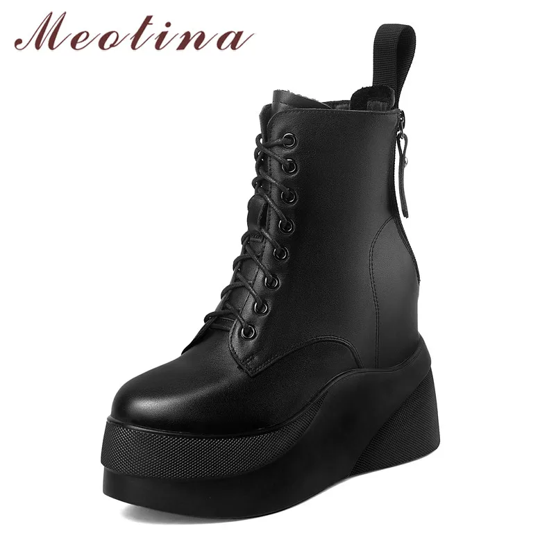 

Meotina Women Ankle Boots Shoes Real Leather Platform Wedge Heels Short Boots Lace Up Zipper Boots Lady Autumn Winter Beige 40