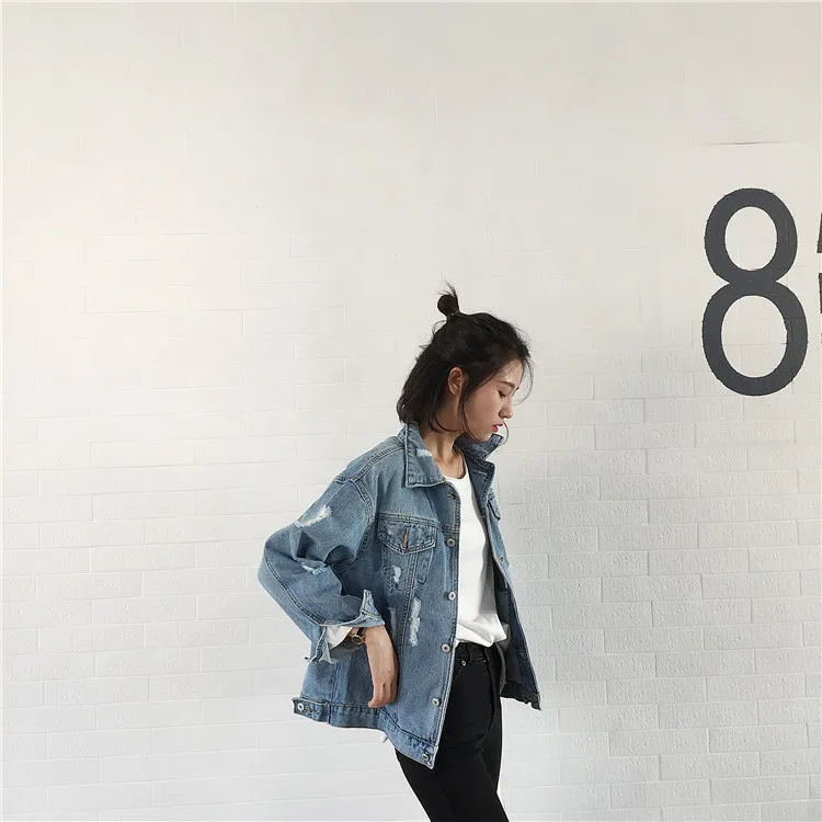 

2019 Spring Korean-style Casual New Style Loose-Fit Washing Water Frayed Jeans Coat Women's Slimming Jacket