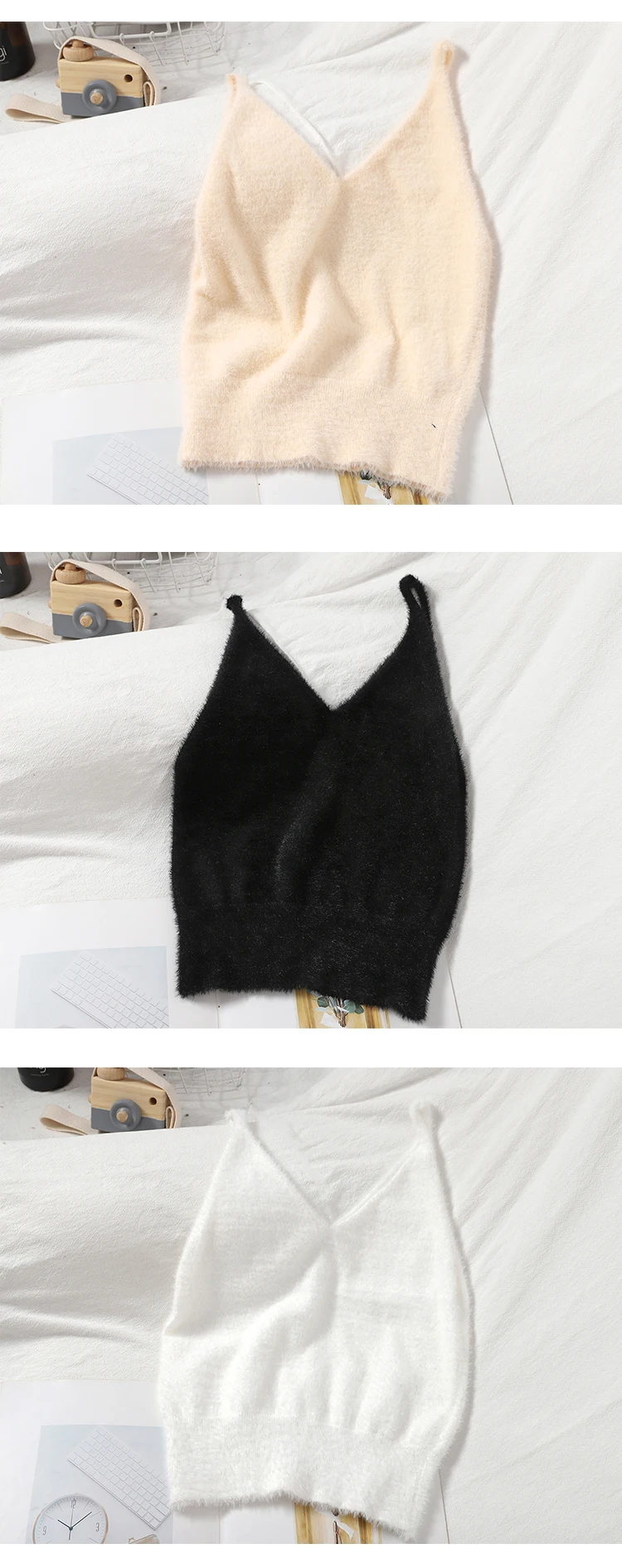 silk camisole Pearl Diary Women Summer Solid Fuzzy Knitted Crop Tops V Neck Fluffy Plain Camis Straps Sexy Cosy Cropped Tops Korean Styles half bra