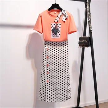 

2020 Summer New Women's Two Piece Set Fashion Bow Round Neck Short Sleeve Print T-shirt & High Waist Polka Dot Midi Skirt Set