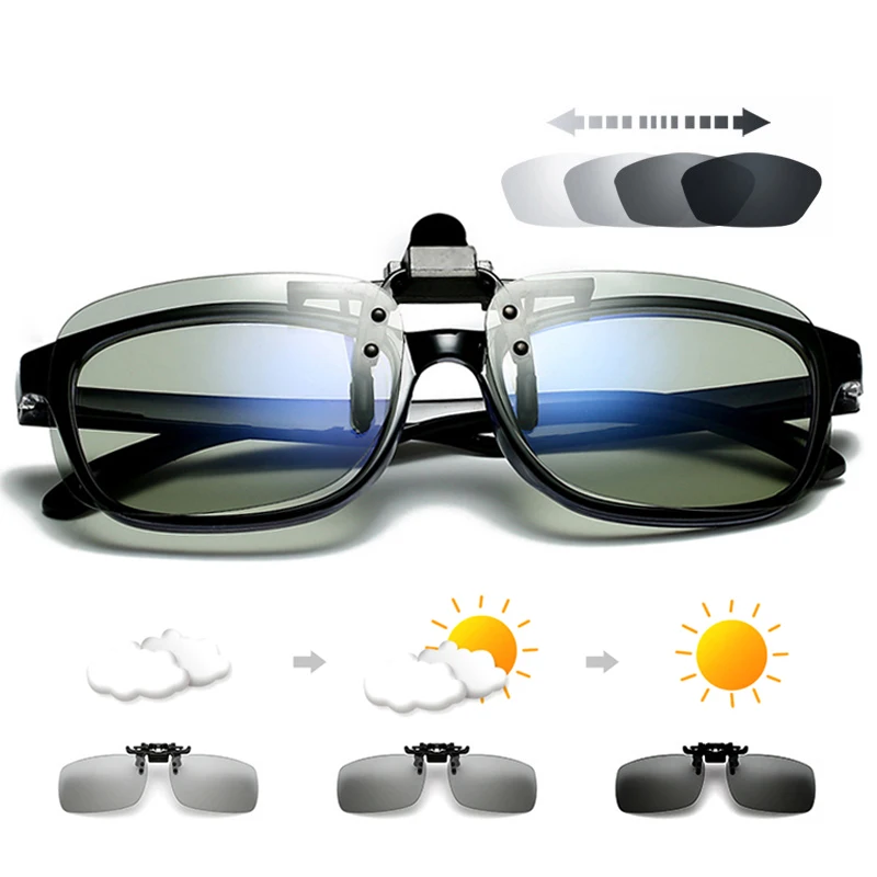 Polarized Square Fishing Flip Up Clip on Sunglasses Men Photochromic UV400 Night Vision Fishing Sunglasses