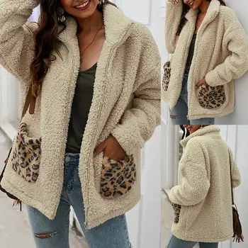 

2020 Hot Sale Women's Autumn Casual Lapel Collar Leopard Print Pockets Zip up Fleece Coat