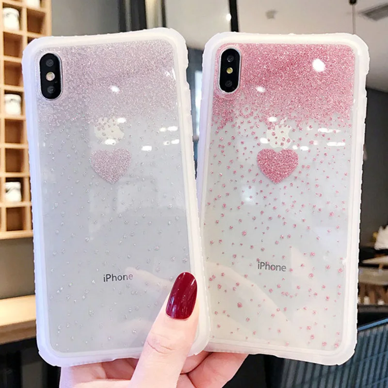 Блестящий Прозрачный чехол для телефона с милым сердечком iPhone X XS XR Max 6 6S 7 8 Plus 11 2019
