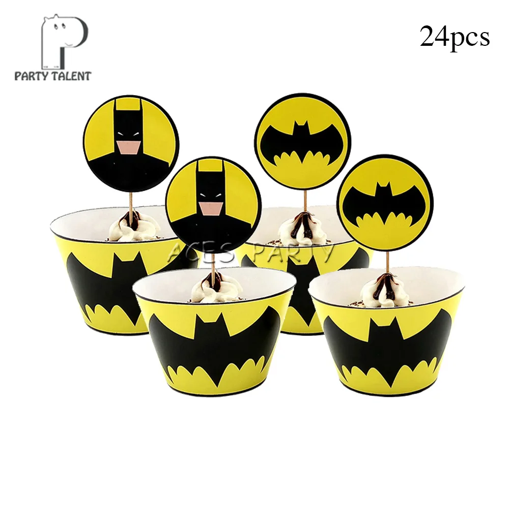 24pcs cupcakedecoB Мальчики дети супер герой Бэтмен тема посуда для вечеринки в честь Дня Рождения шар конфеты коробка флаг тарелка чашка соломы кисточкой вечерние принадлежности - Цвет: 24pcs cupcakedecoB