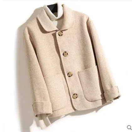 Женская укороченная куртка, шерстяная куртка для верховой езды, Кашемировое короткое длинное пальто, женское приталенное популярное шерстяное пальто, осенняя куртка, верхняя одежда - Цвет: short check beige
