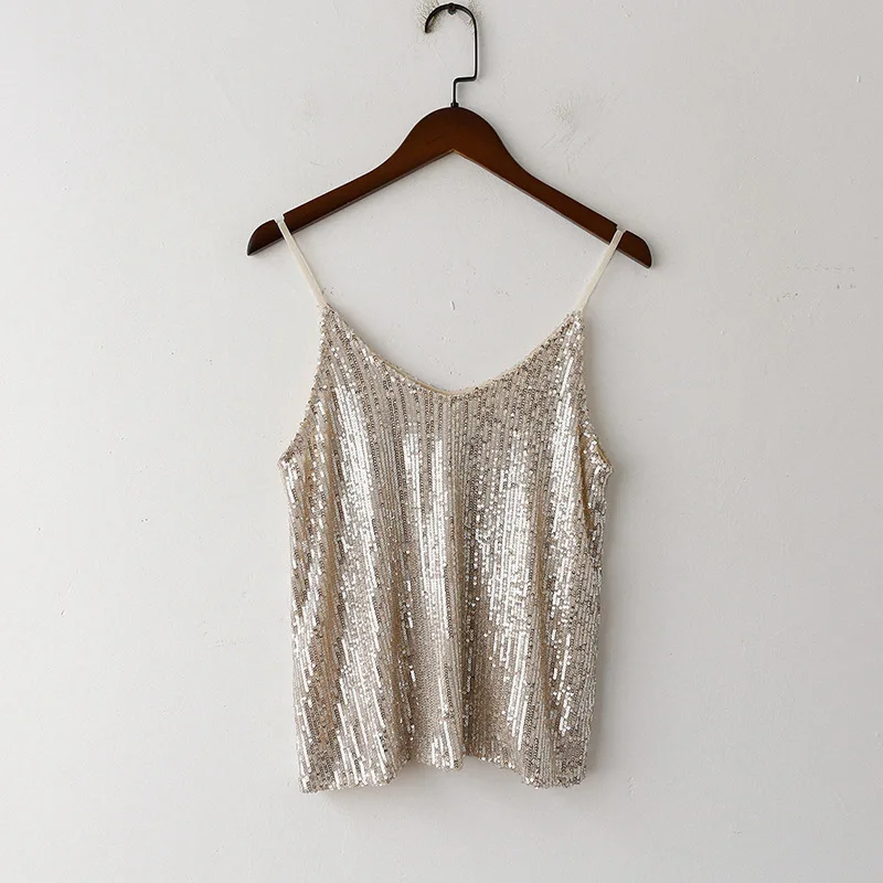 Новая Мода Boho Обрезанные пикантные майки с блестками Бисероплетение без рукавов Женская майка в стиле пэчворк летние короткие топы золото - Цвет: Gold