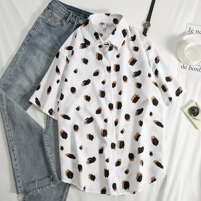 

2020 Summer Tie Dye Shirt Women Turn Down Collar Office Female Blouse Oversized Short Sleeve Plus Size Lady Tops Blusa Feminina