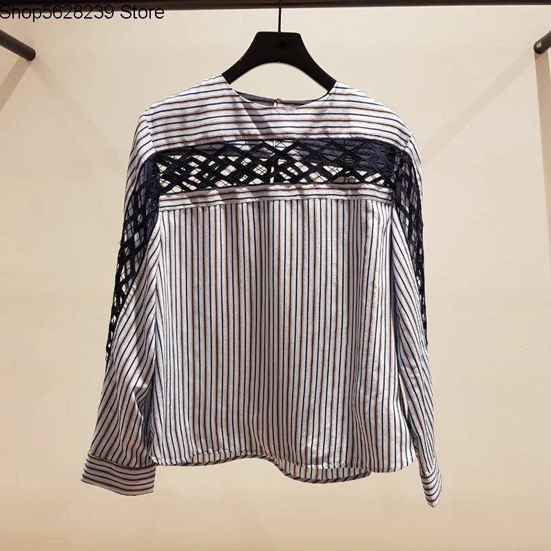 French Elegant 2020 Literature And Art Fan Geometry Hollow Out Splicing Thin Strip Long Sleeve Women's Wear Shirt 190744