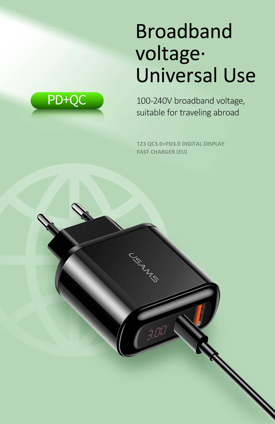 USAMS светодиодный дисплей USB зарядное устройство PD3.0 QC3.0 Быстрая зарядка США ЕС настенный адаптер для iPhone X samsung Xiaomi быстрое зарядное устройство для мобильного телефона