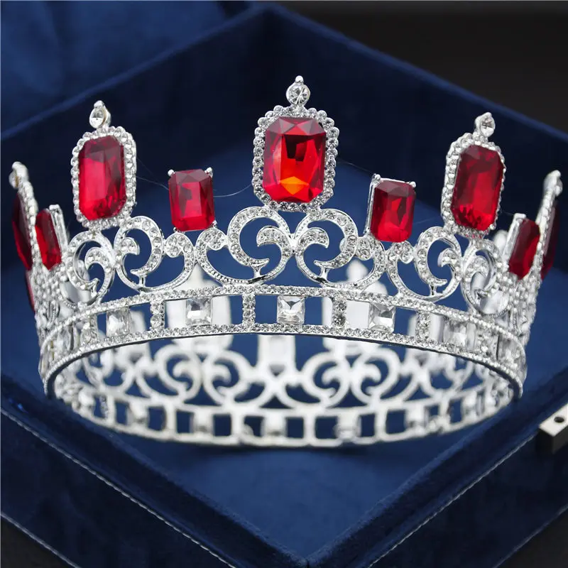 Silver Red 6 цветов, большая свадебная диадема в стиле барокко для королевы, короля, невесты, Променад, украшения для волос, круг, диадема, аксессуары - Окраска металла: Silver Red