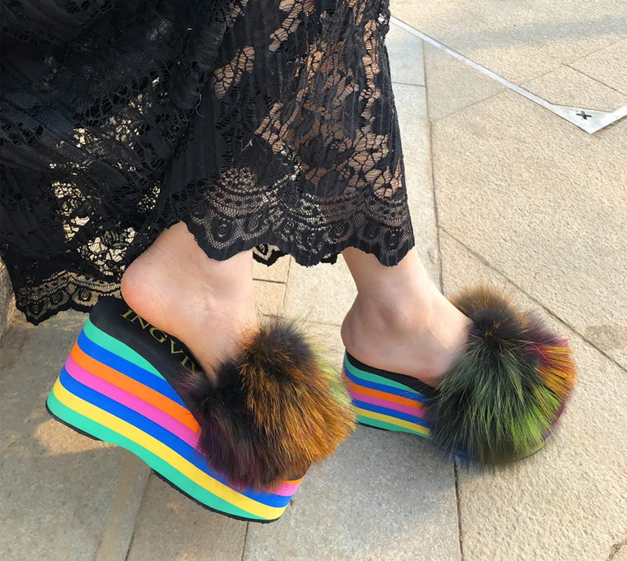 Mujeres Arco Iris colores Real zorro piel decoración zapatilla plataforma  Muffin Super alto cuña talón zapatos deslizantes Slingback nuevo A1489| Zapatillas| - AliExpress