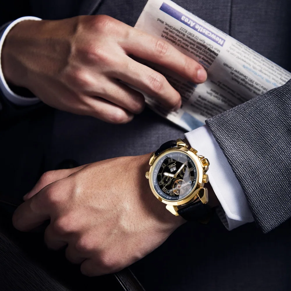Механические часы с золотым турбийоном, Мужские автоматические часы с календарем, черные часы с ремешком из натуральной кожи, наручные часы Relogio