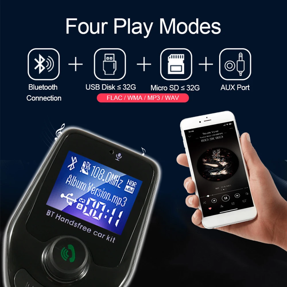 Автомобильный Bluetooth fm-передатчик, двойной USB порт, автомобильное зарядное устройство для телефона, модулятор, автомобильный адаптер, AUX порт с 1,8 дюймовым цветным экраном