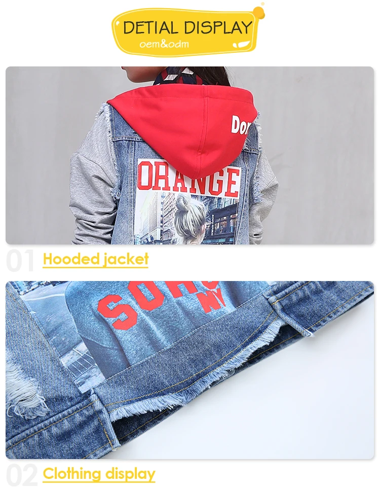 Fashion Design Girls Set Blue Patchwork Hooded Denim Jacket + Denim Jeans Spring Clothes Clothing Set