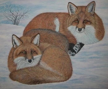 

High quality original impressionist art, hand painting on canvas Two fox couples in the snow