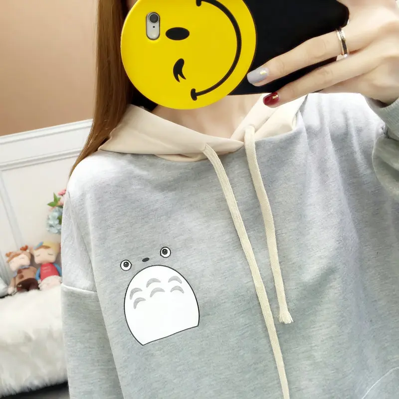 Totoro печать женские толстовки с капюшоном пуловер Crewneck с длинным рукавом, Корейская поп Харадзюку толстовка одежда женский сам Топ - Цвет: Gray