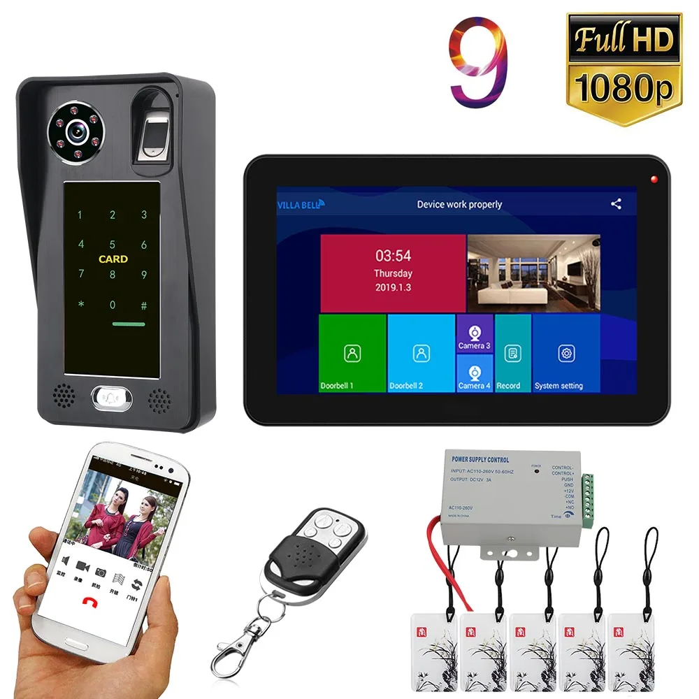 908BFJRB11 9 inch Wifi Wireless Fingerprint IC Card Video Door Phone Doorbell Intercom System with Wired AHD 1080P Door Access Control Sy - Цвет: 908BFJRB11