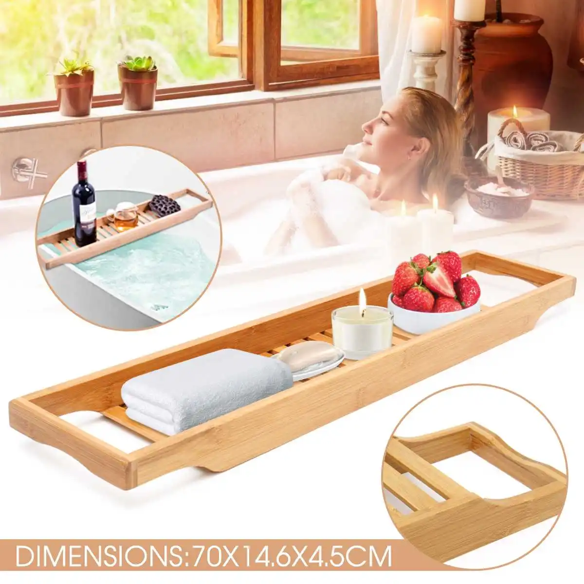 Wooden Bathtub Trays Bamboo Spa Bathtub Organizer Book Wine Holder Non