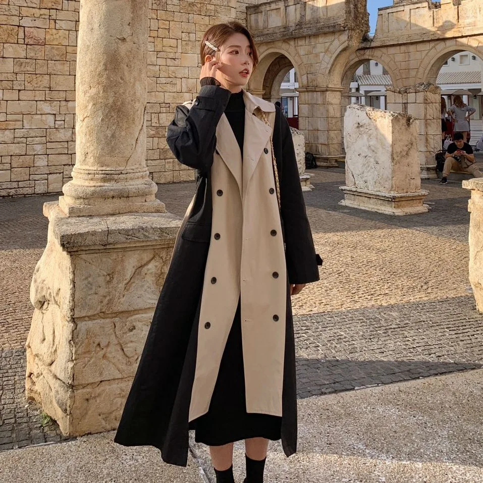 

Photo Shoot 2019 Autumn New Style Hepburn Wind Sense of Design Mixed Colors Fold-down Collar Double Breasted Elegant Ol Waist Hu