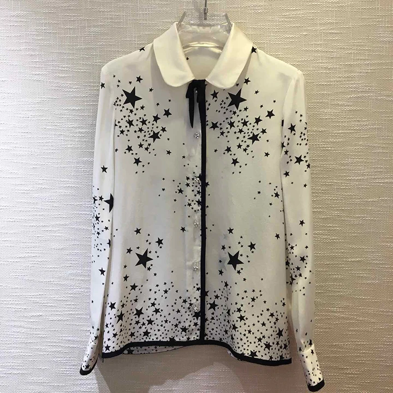 

High Quality Office silk Tops 2019 Summer Runway pink Blouse Letter Print Turn-Down Collar Working Shirts