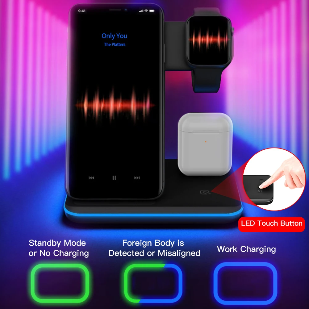 3 в 1 Беспроводное зарядное устройство для iPhone 11 Pro XS MAX XR X samsung Note 10 9 8 Apple Watch AirPods светодиодный светильник 15 Вт Быстрая зарядка