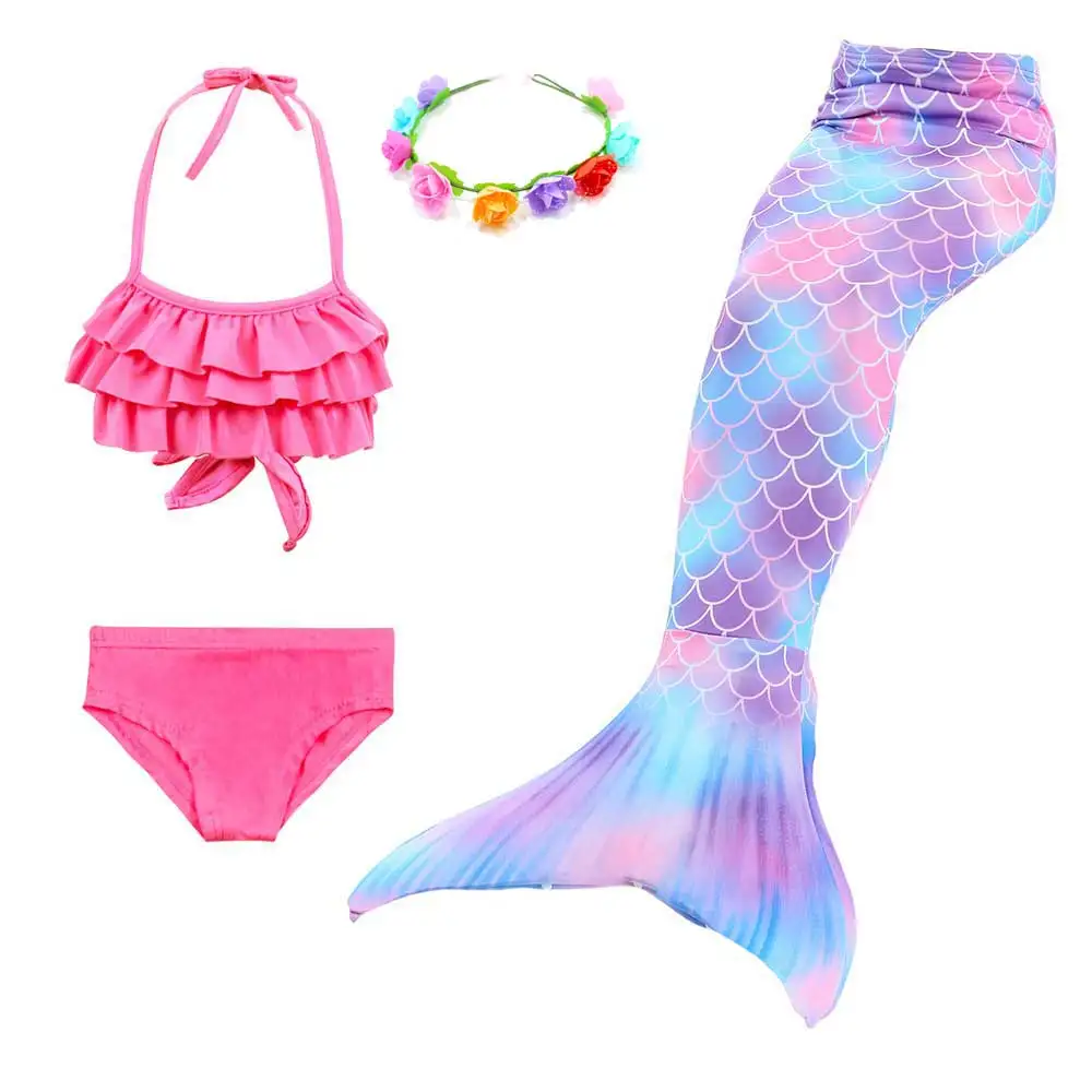 Girls Walkable And Swimmable Mermaid Tail Swimsuit Cosplay Costume Kids Children Bikini And Sparkle Mermaid Swimtail - Цвет: 4pcs Set 4